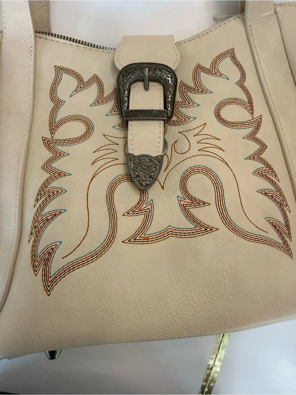 Wrangler Cream Western Tote Bag 🤠 Embroidered Boot Stitch + Silver Buckle